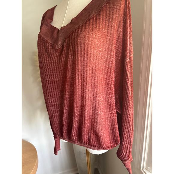Free People Southside Thermal V-Neck Top XS Burgundy Red Slouchy Waffle Knit - Picture 4 of 8